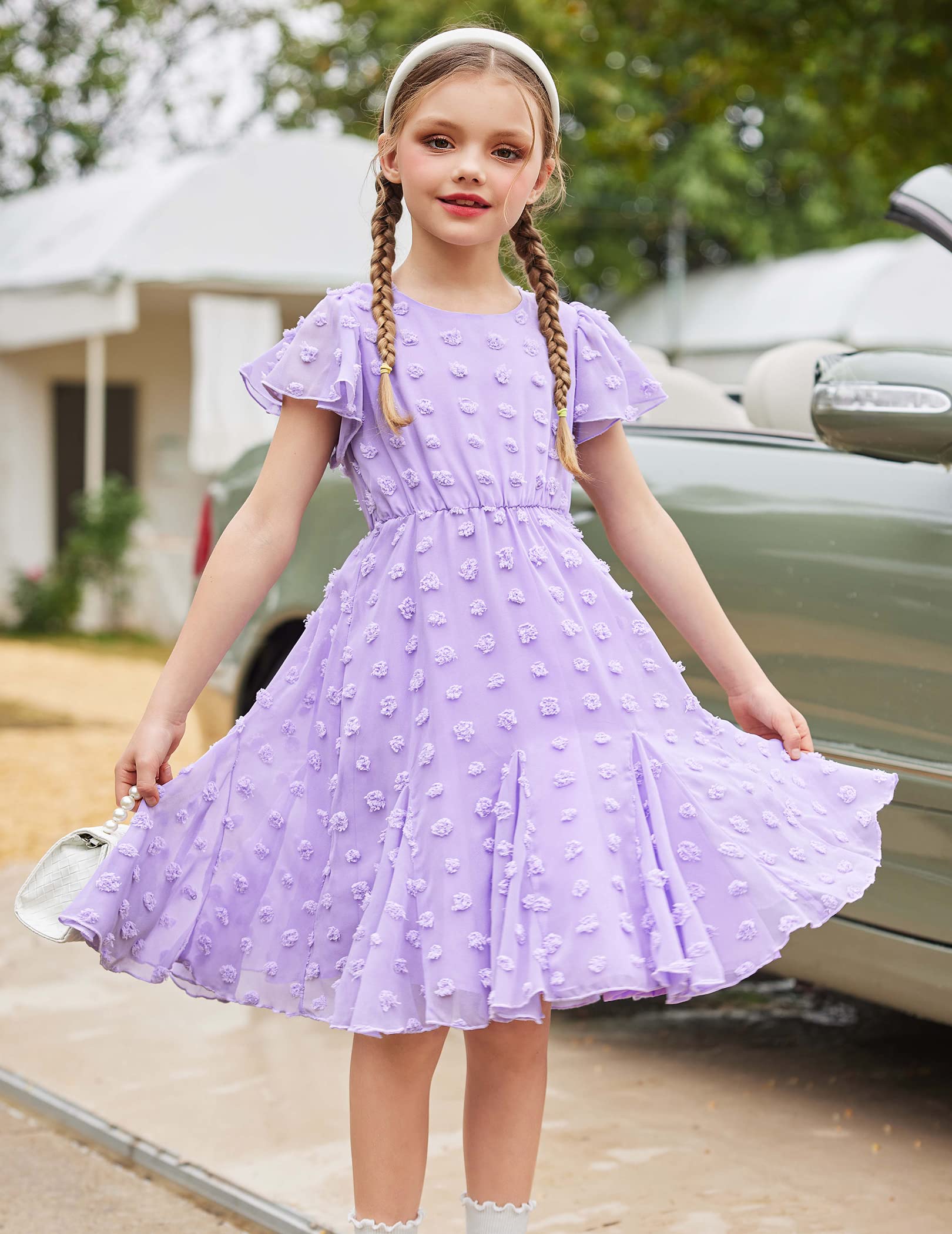 Flypigs Abiti da Bambina a Maniche Corte Abito da Principessa per Ragazza A-Line Elegante Abito da Sposa per Feste Tinta Unita Completi Scolastici Abbigliamento per Bambine 3-12 Anni