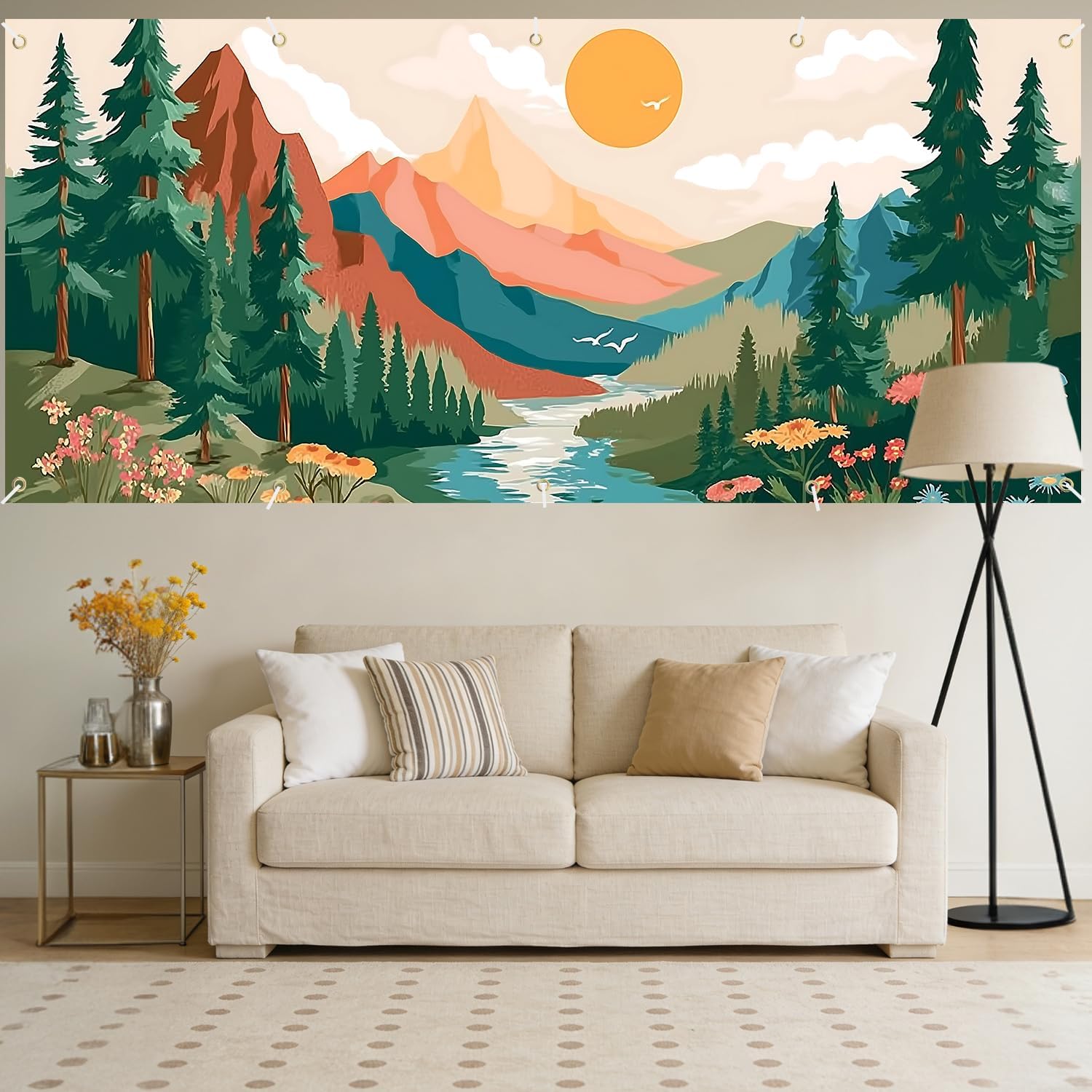 7x16 FT Mountain Sunrise Garage Door Banner - Forest River Landscape Art, Large Indoor Outdoor Cover, Nature Theme Decoration for Home, Yard, Cabin Getaway