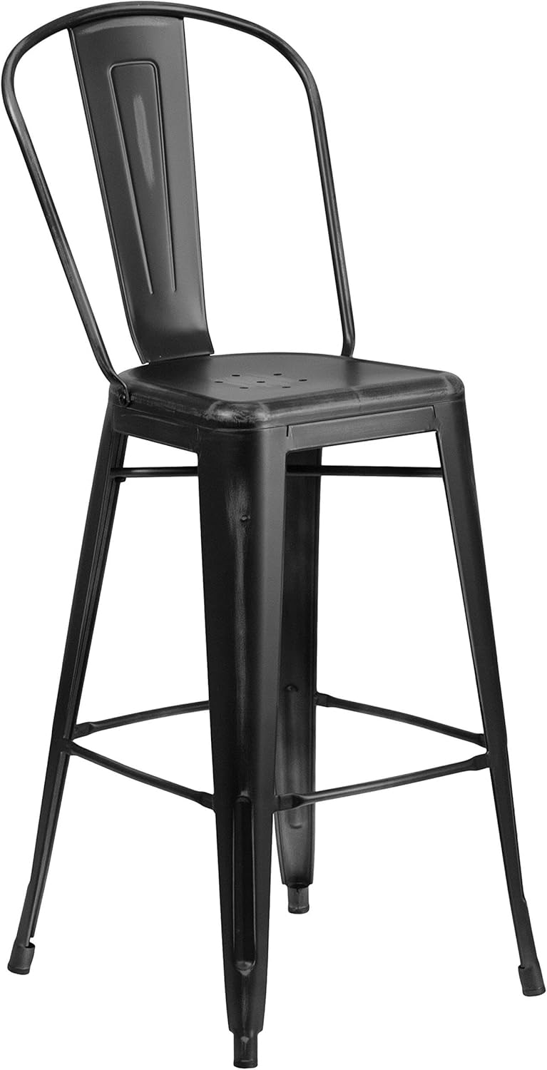 Bowery Hill 30" Metal Bar Stool, Distressed Black Finish, Curved Back with Vertical Slat, 18" Width x 19" Depth, Indoor/Outdoor Bistro Style for Kitchen, Restaurant, Cafe or Patio Use, 500 lb Capacity