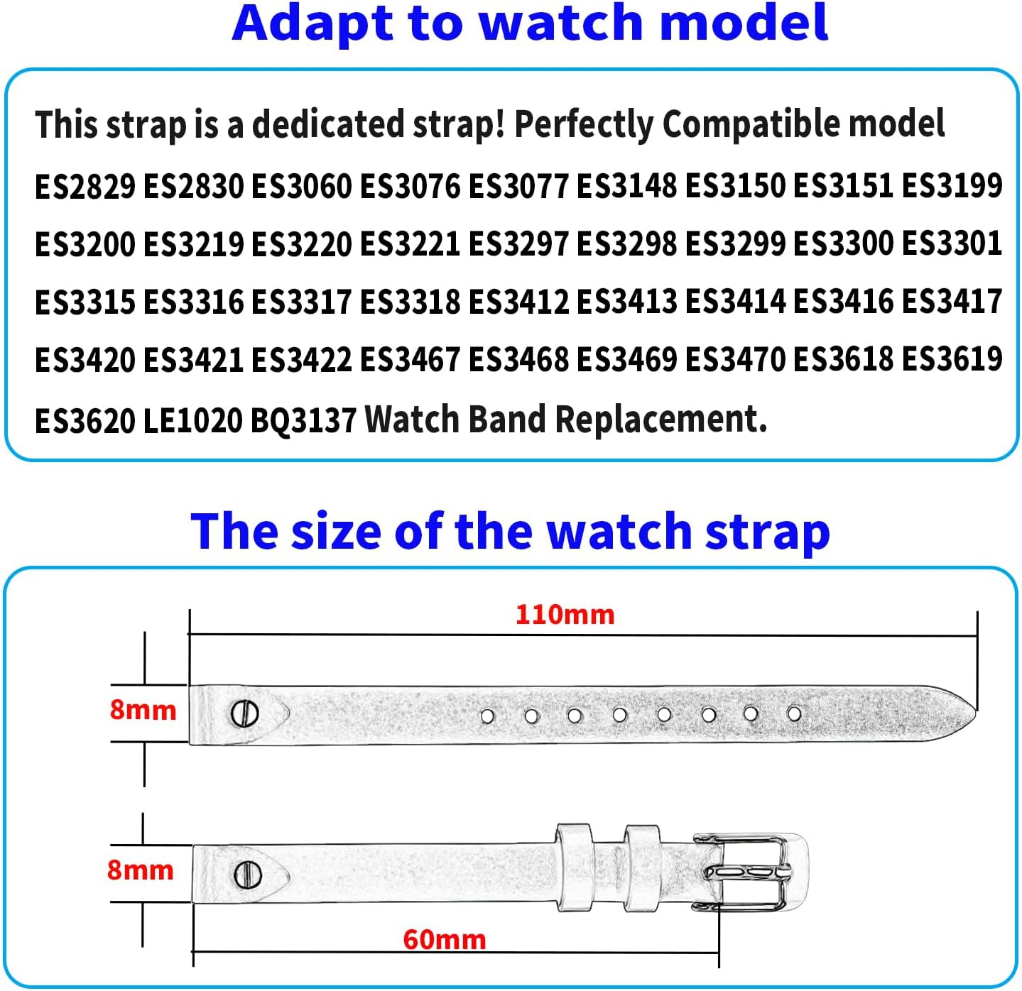 8mm Women Leather Watch Bands Compatible Fit for Fossil 8 mm ES2829 ES2830 ES3060 ES3076 ES3077 ES3148 ES4119 ES4176 ES3262 ES3077 Replacement Watch Strap Wirstband Bracelet For Men and Women