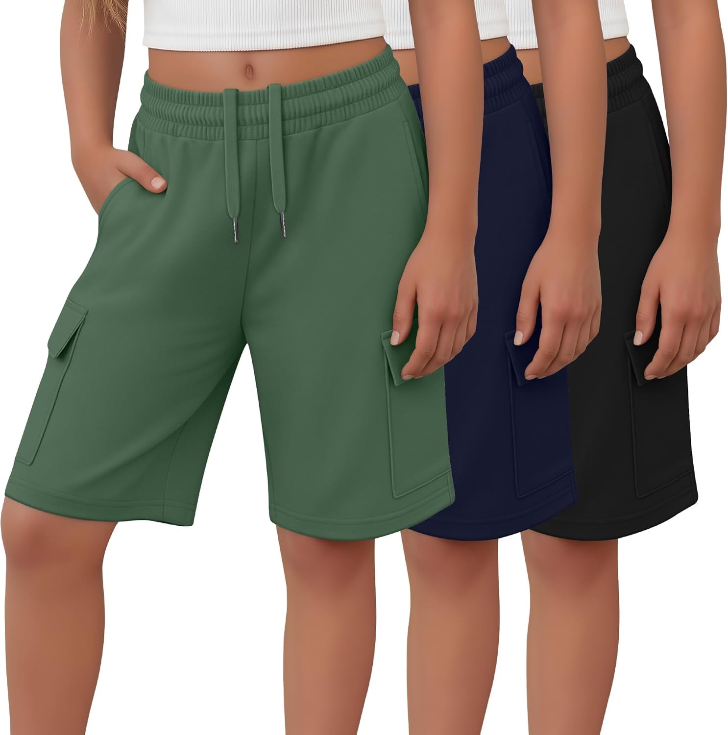 Ficerd 3 Pack Girl's Bermuda Shorts Cargo Elastic Drawstring Knee Length Shorts Athletic Loose SweatShorts with 4 Pockets