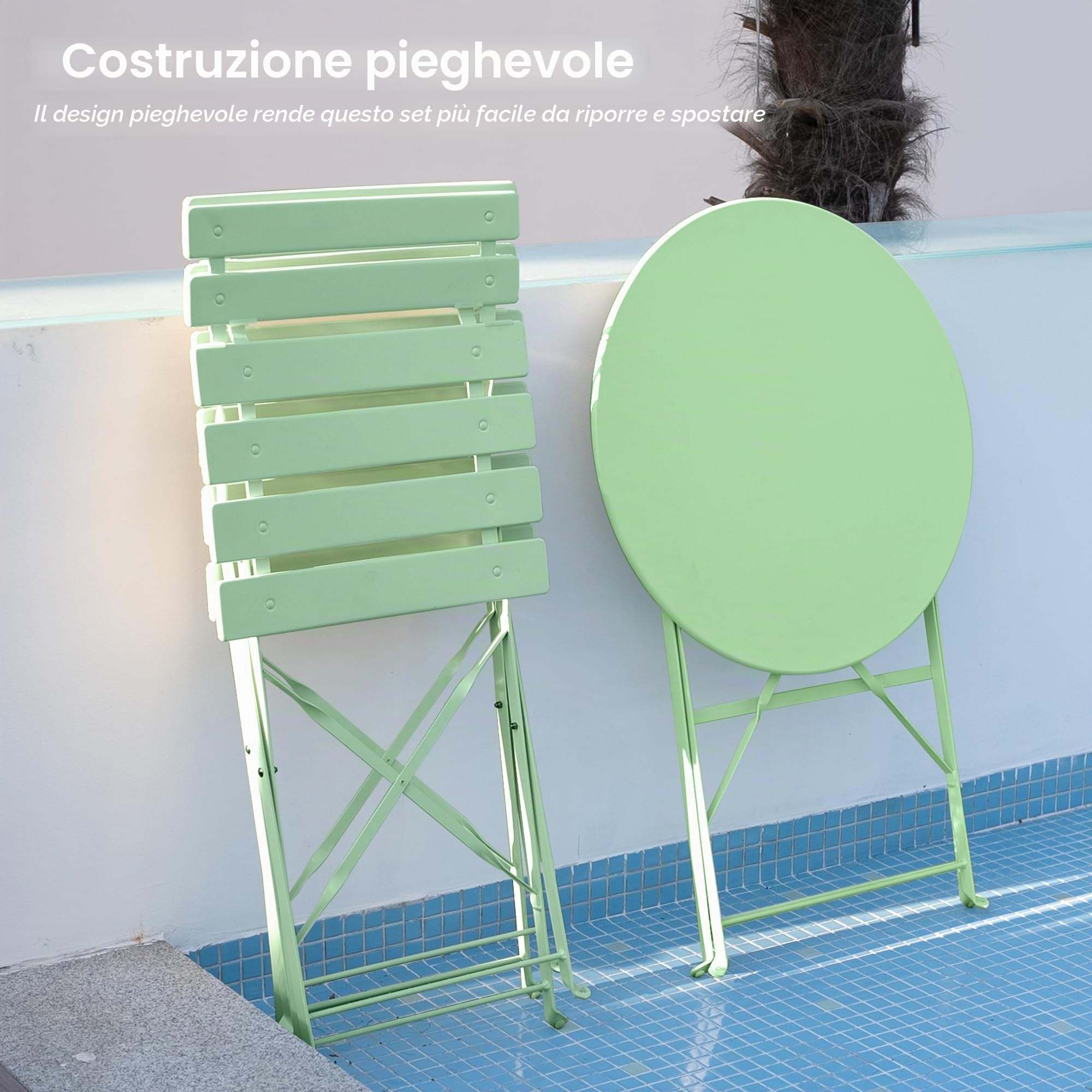 Set di mobili da giardino resistente alle intemperie, set da 3 pezzi, per piccoli balconi, tavolo da bistrot con 2 sedie, set da bistrò, pieghevole, verde