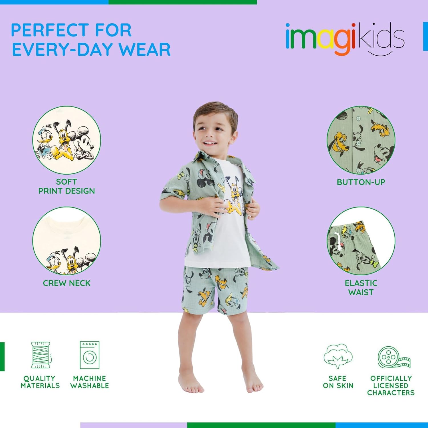 Disney Mickey Mouse Cotton Gauze Button Down Shirt, T-Shirt & Shorts 3 Piece Set Infant to Little Kid Sizes (12 Months- 7-8) 12 Months Pale Green / White, Mickey & Friends image 3 of 7 B0DFQNCHF3