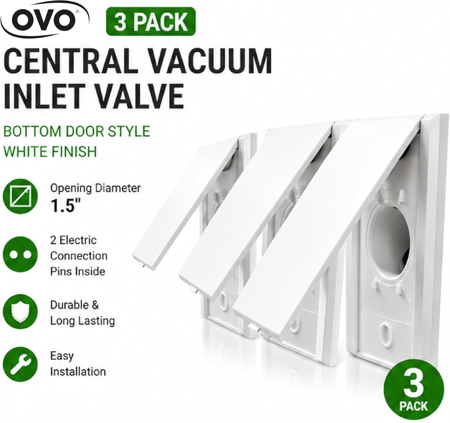 OVO Standard Central Vacuum Wall Inlet for Hose, Bottom Door Style, 3 Pack