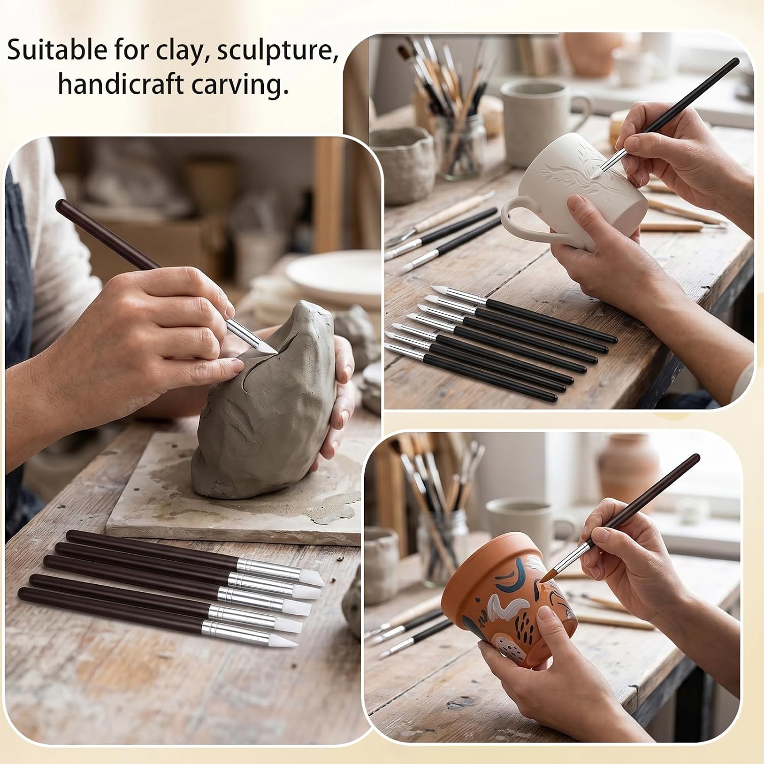 15pcs Silicone Brushes for Crafts Set, 5Shapes Silicone Paint Brushes for Crafts Pottery Clay Nail Art(0.11", 0.20", 0.31" Heads)