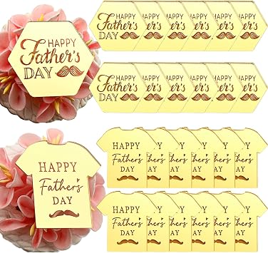Fathers Day Cupcake Topper Set, 24 Pieces Gold Mirror Acrylic Decorations, Hexagon and T-Shirt Shapes