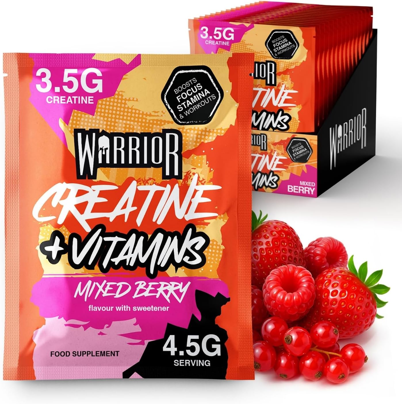 Warrior Creatine Plus Vitamins Sachets, Daily Wellness Drink Mix with 3.5g Creatine and Multivitamin Blend for Energy, Focus, Immunity and Vitality, Zero Sugar Mixed Berry, 15 Sachets