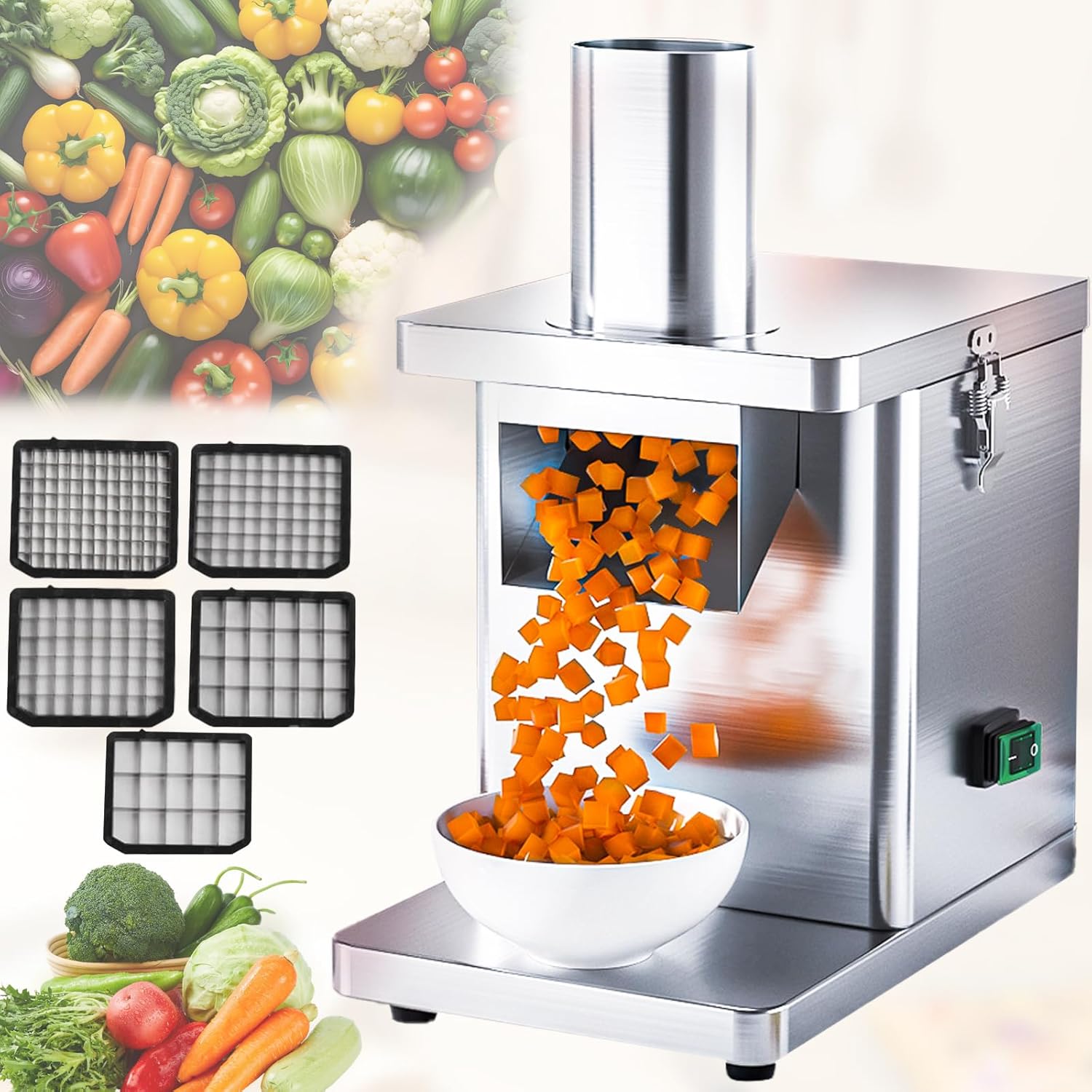 Electric Multifunctional Vegetable Dicer Slicer Shredder-Commercial&Home Use Automatic Potato Onion Carrot Chopper with Stainless Steel Blades (Machine+5*dice net)