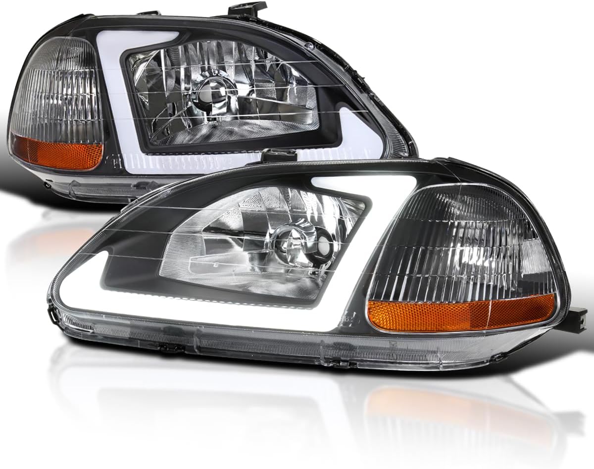 SPEC-D TUNING Black Headlights w/LED Tube Bar Compatible with 1996-1998 Honda Civic 2/4Dr