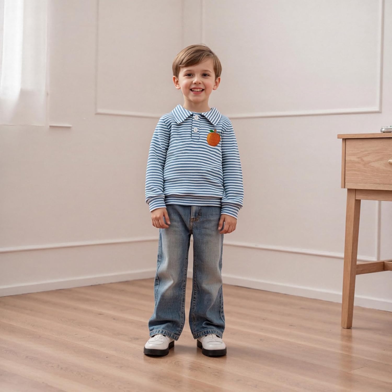Toddler Baby Boy Halloween Outfit Pumpkin Embroidery Waffle Striped Long Sleeve Polo Shirt Button Up Pullover Top - Image 3