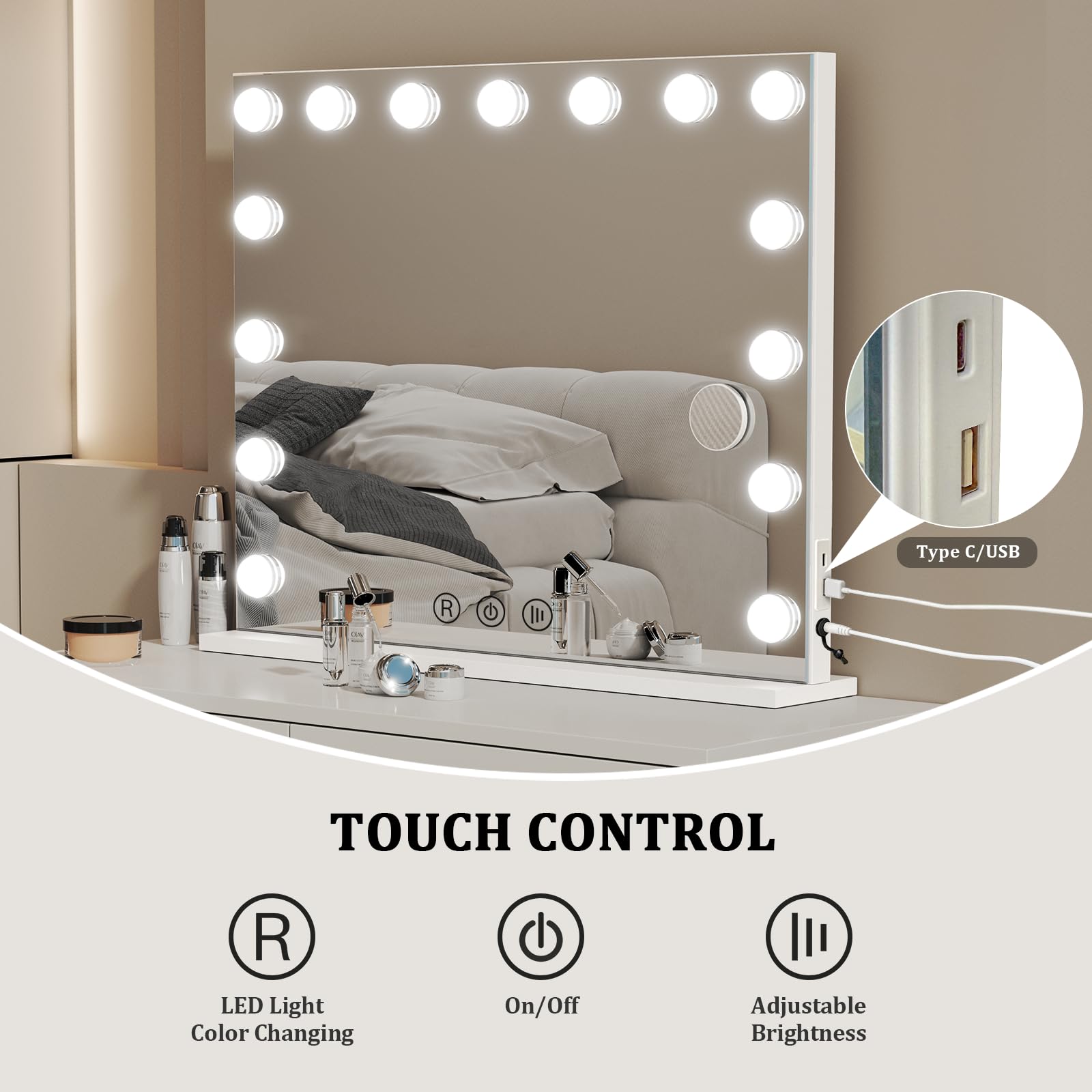 Lustro do makijażu 80x60 cm z 18 LED, możliwość ściemniania, 3 temperaturami barwowymi, z powiększeniem 10x, port wyjściowy USB, Sterowanie Dotykowe (Białe)