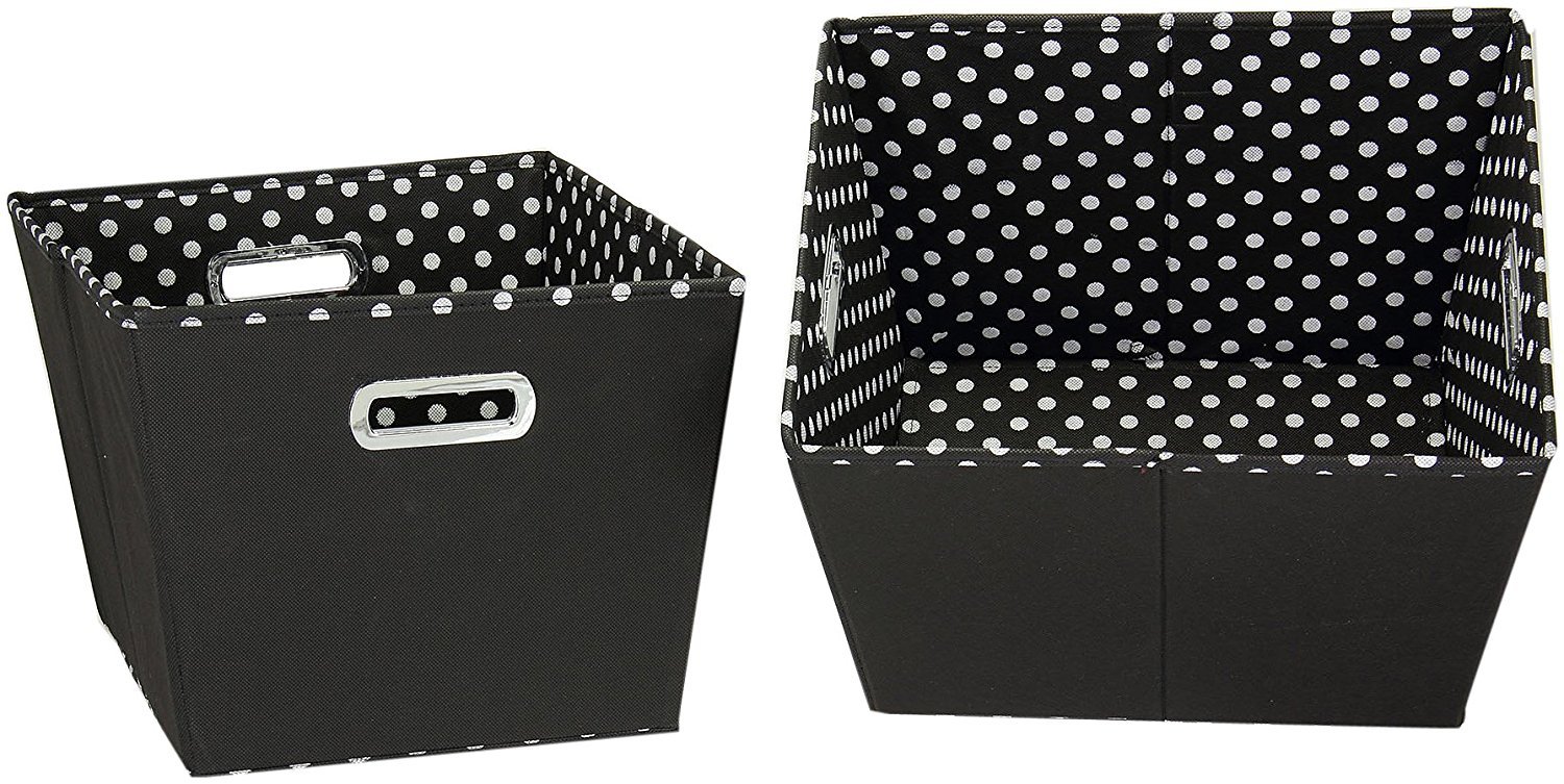 19KDBLK-1 Medium Tapered Decorative Storage Bins | 2 Pack Set Cubby Baskets | Black and White Mini-Dots