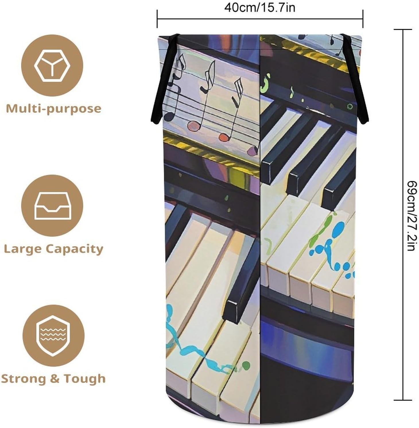 Piano Keys with Note Patterns Laundry Hamper Large Collapsible Laundry Basket with Handles Waterproof Clothes Hamper Portable Dirty Clothes Basket for Bedroom Laundry Room Closet Bathroom