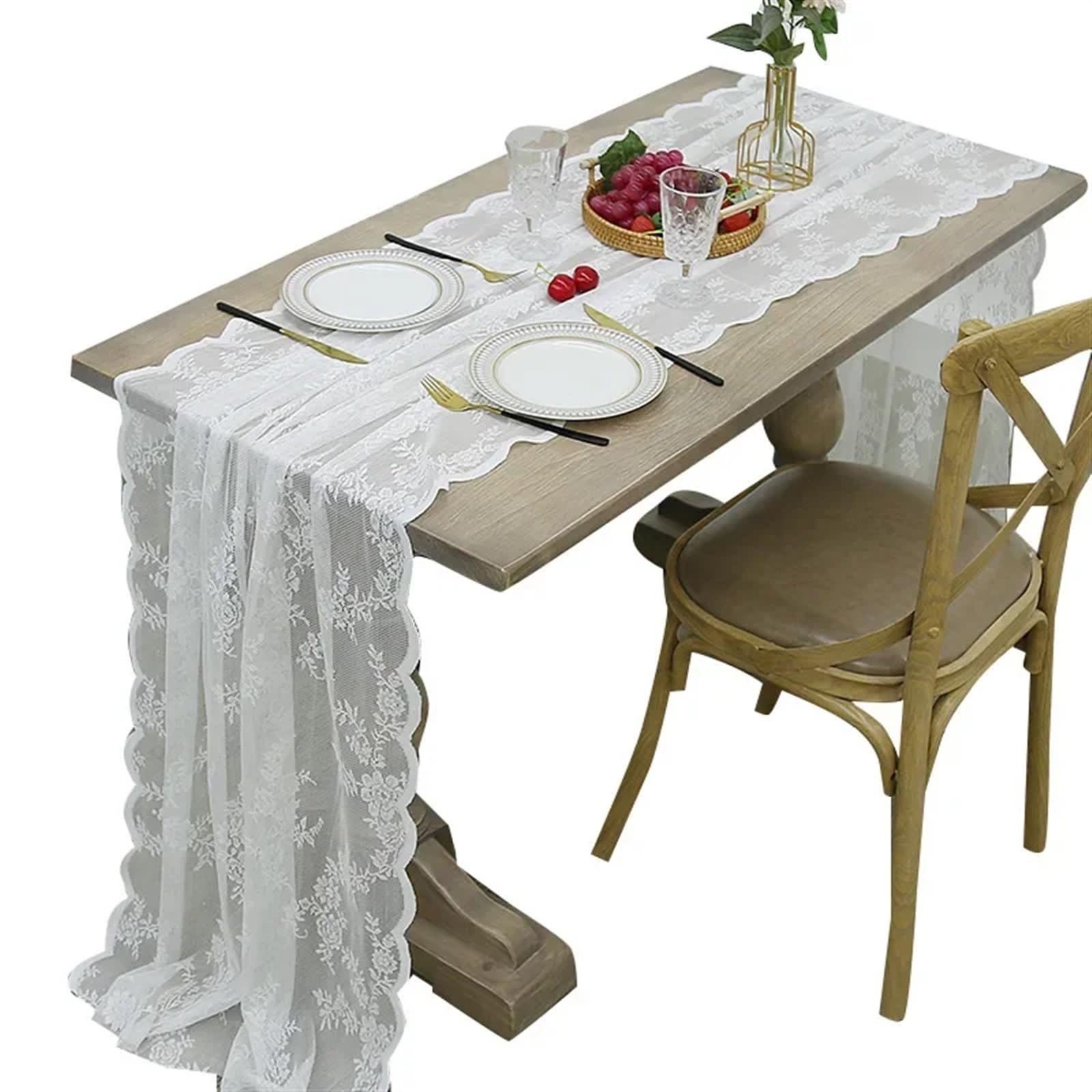 Elegant und luxuriös Rechteckiger Tischläufer aus Spitze, weißer Spitzenstoff, Tischdecke, 76,2 x 303,4 cm, Tischdecke mit Blumenstickerei, Vintage-Hochzeitsdekor