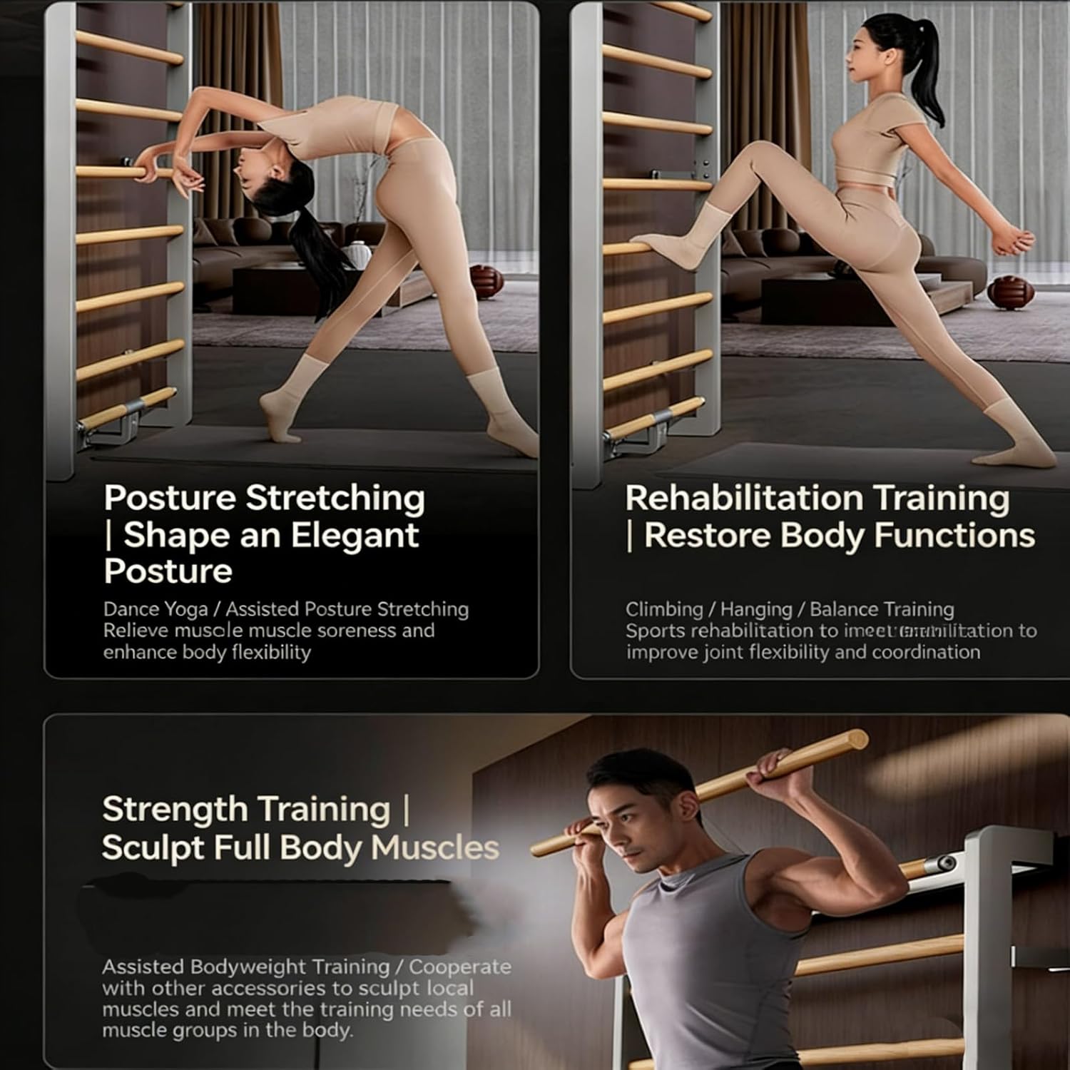 Wooden Wall Mounted Stall Bar – Swedish Ladder for Home Gym, Physical Therapy, Posture Stretching, Rehabilitation Training, Strength Training, Full Body Workout Equipment for Adults, Black