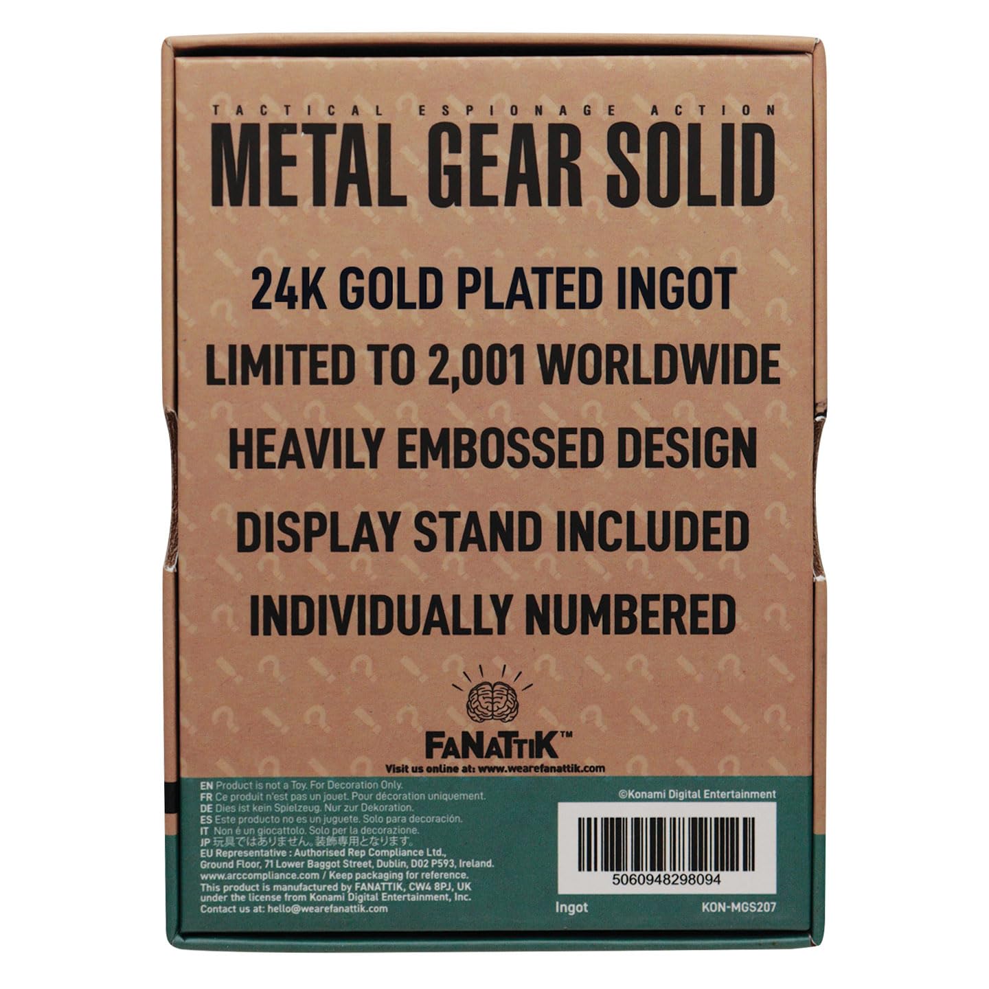 FaNaTtik Metal Gear Solid 2 - Lingote de serpiente sólido chapado en oro de 24 quilates, con licencia oficial y edición limitada coleccionable (2.001 en todo el mundo) con numeración individual