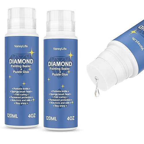 VansyLife Paquete de 2 selladores de pintura de diamante de 8.1fl oz con cabezal de esponja, pegamento de pintura de diamante 5D y pegamento para