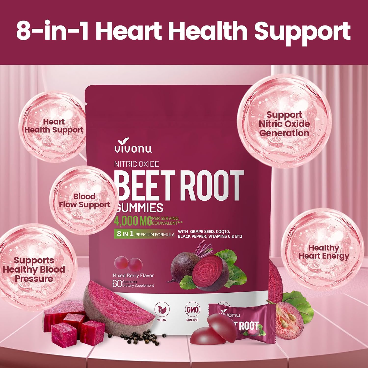 VivoNu Beet Root Gummies 8-in-1 Premium Energy Supplement with CoQ10, Beetroot Extract, Grape Seed Extract, Black Pepper Extract, Vitamins C & B12, L-Arginine & L-Citrulline - Image 5