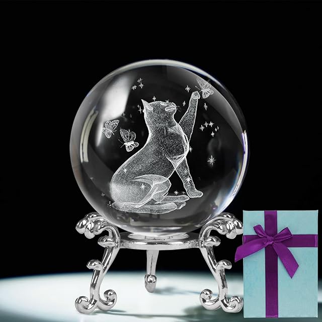 KOMINZZ Cat Gifts for Women Crystal Ball 3D Laser Cat Figurine Glass Paperweights with Stand Gift Box Cat Gifts for Cat Lovers Cat Ornaments for Cat Lovers Home Decor
