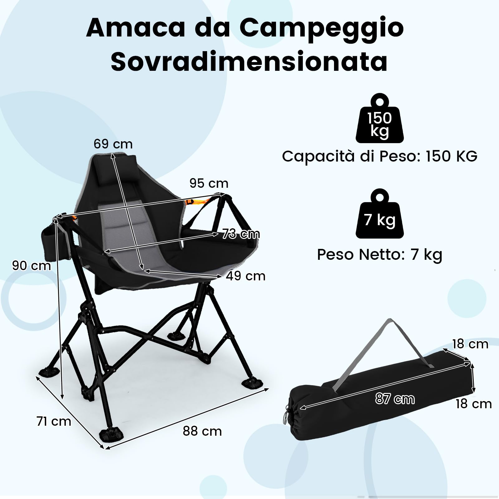 COSTWAY Sedia da Campeggio Amaca, Sedia a Dondolo Pieghevole con Portabicchieri, Schienale Regolabile, Poggiatesta, Sedile a Dondolo per Giardino, Patio, Prato, Portata 150 kg (Nero)