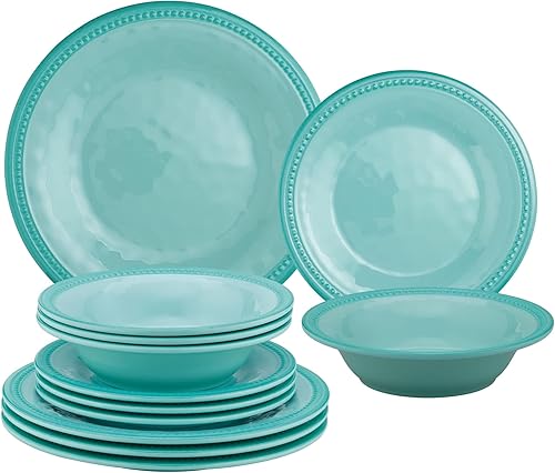 UP ware - Juego de vajilla de melamina con cuentas de 12 piezas, juego de platos para exteriores, juegos de platos y cuencos, servicio para 4, azul