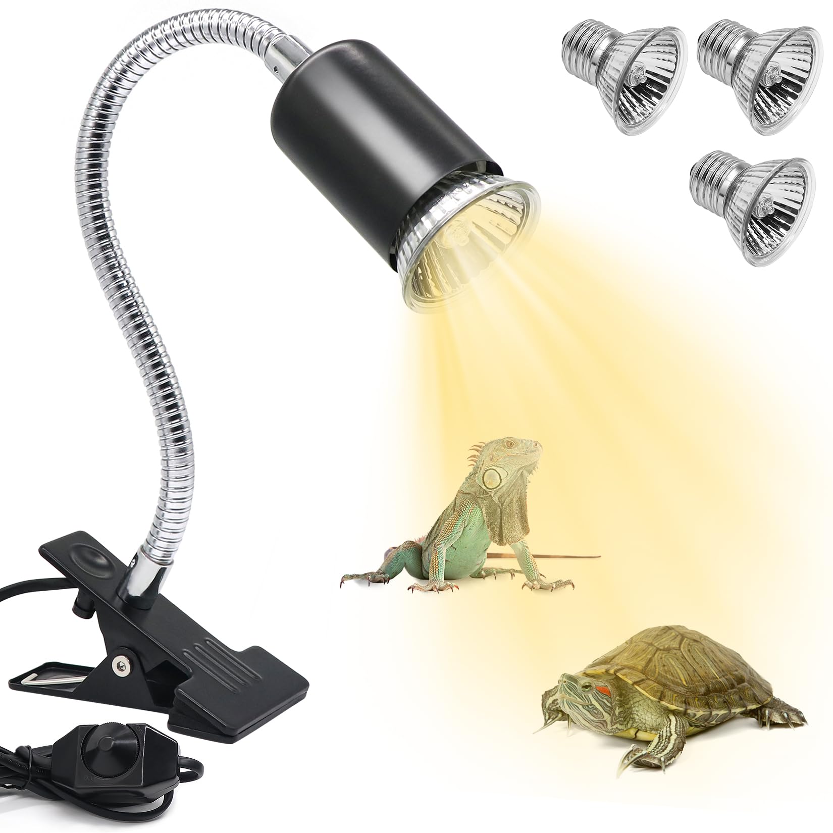 Turtle Lampa grzewcza z 3 żarówkami E27 w zestawie Lampa terrarium dla żółwi z klipsem dla gadów obracana o 360°, podgrzewana żółw, odpowiednia dla jaszczurek, żółwi, węży, kameleonów