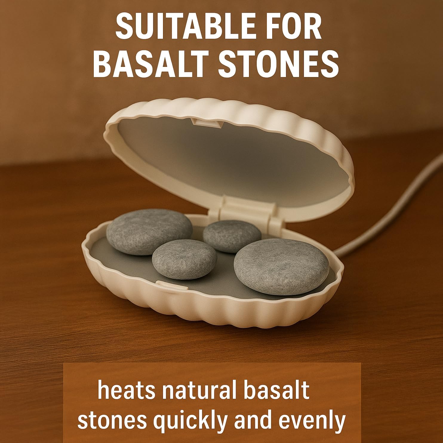 Royal Massage Clam Shell Hot Stone Heater – Electric Massage Stone Warmer for Natural Basalt Stones – Spa & Home Use – Compact, Fast Heating – Includes 4 Smooth Massage Stones