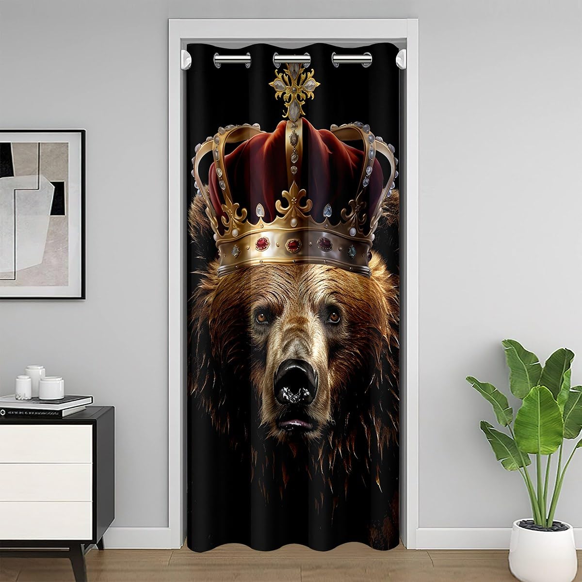 richhome Jungle Brown Bear Door Curtain 60" W X 80" L Golden Red Crown Decor Modern Doorway Curtain Privacy for Kids Teens Adults Watercolor Abstract Wild Animal Door Drape for Bedroom Closet Door