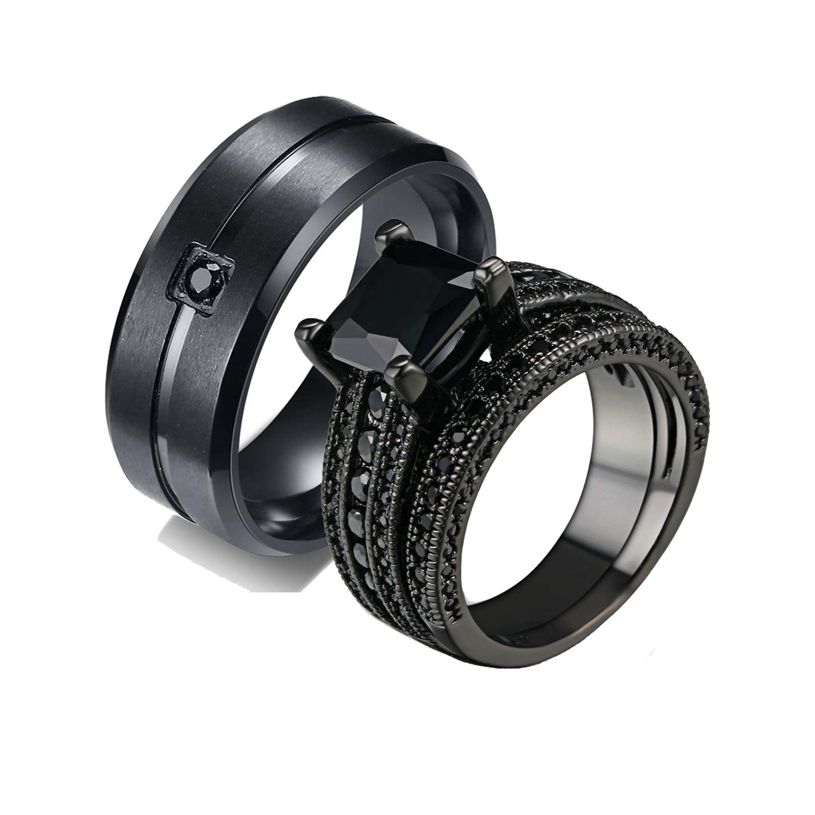KnSamWedding Ring Band Sets for Him and Her Brushed Ring and Princess Cubic Zirconia Ring Stainless Steel Black Ring Size 5-12