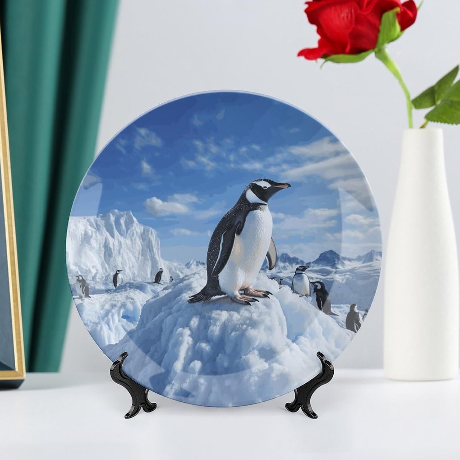 Snow Mountain Penguin Decorative Plates for Display Round Porcelain Plate Living Room Table Ceramic Hanging Decorative Plate Art Decor for Living Room Table with 1 Display Stand 10inch