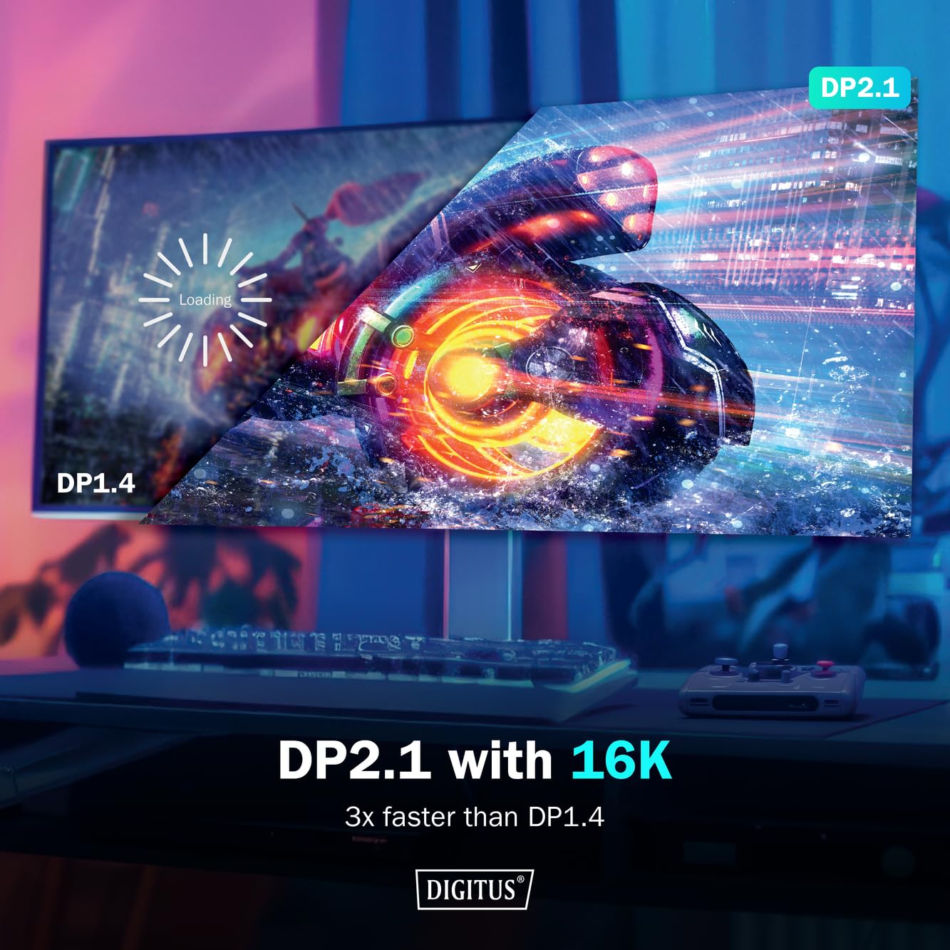 DIGITUS Displayport Cable - 1 m - Displayport 2.1-16k/60Hz - 8k/120Hz - 4k/240Hz - UHD - VESA UHBR20 - HDR, HDR10, HDCP - Compatible with Gaming Monitors and Graphics Cards - Black