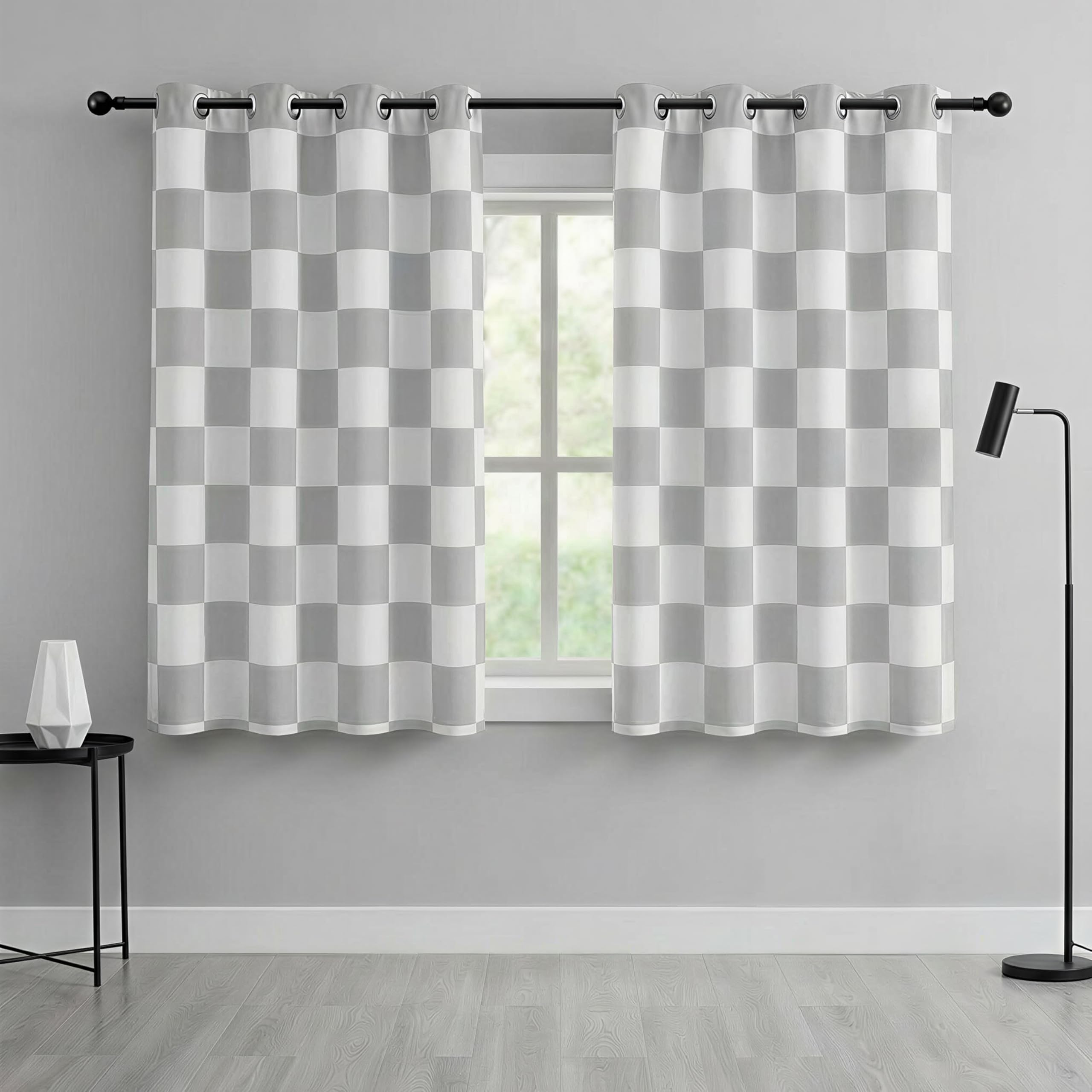 BOHOMOCASA 100% Blackout Checkered Curtains – 2 Panels, Each W52×L63, Thermal Insulated, Nosie Reducing for Bedroom, Modern Light Grey and White Checkerboard Design, Gray Checkered — image 1