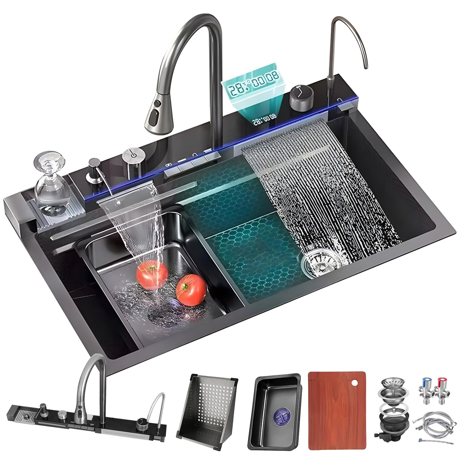 LMYSXAOZ Large Capacity Waterfall Kitchen Sink with Black Stainless Steel Finish, Single Bowl Farmhouse Sink, Nano-Coated Bar Prep All in one Pull-Out Faucet, Glass Washer, and Drain Basket