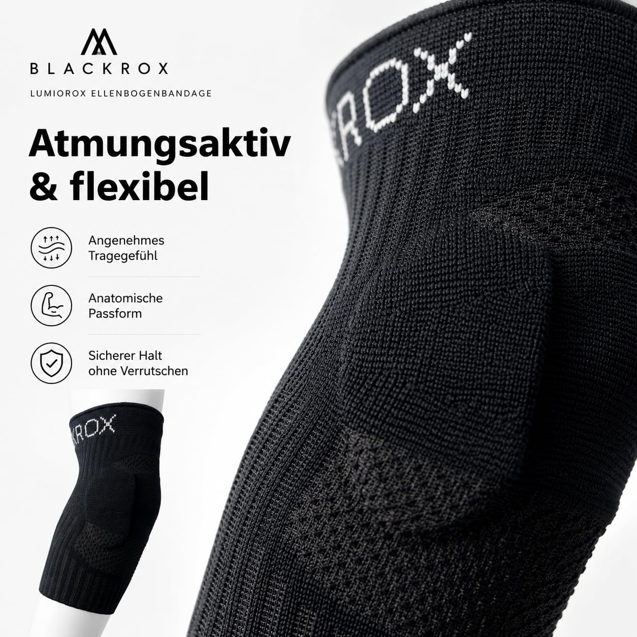 BLACKROX Ellenbogenbandage Lumioro – Tennisarm Bandage für Stabilität & Entlastung beim Sport – atmungsaktive Ellbogen Bandage für Damen & Herren, geeignet beim Training und Alltag – Schwarz Gr. M