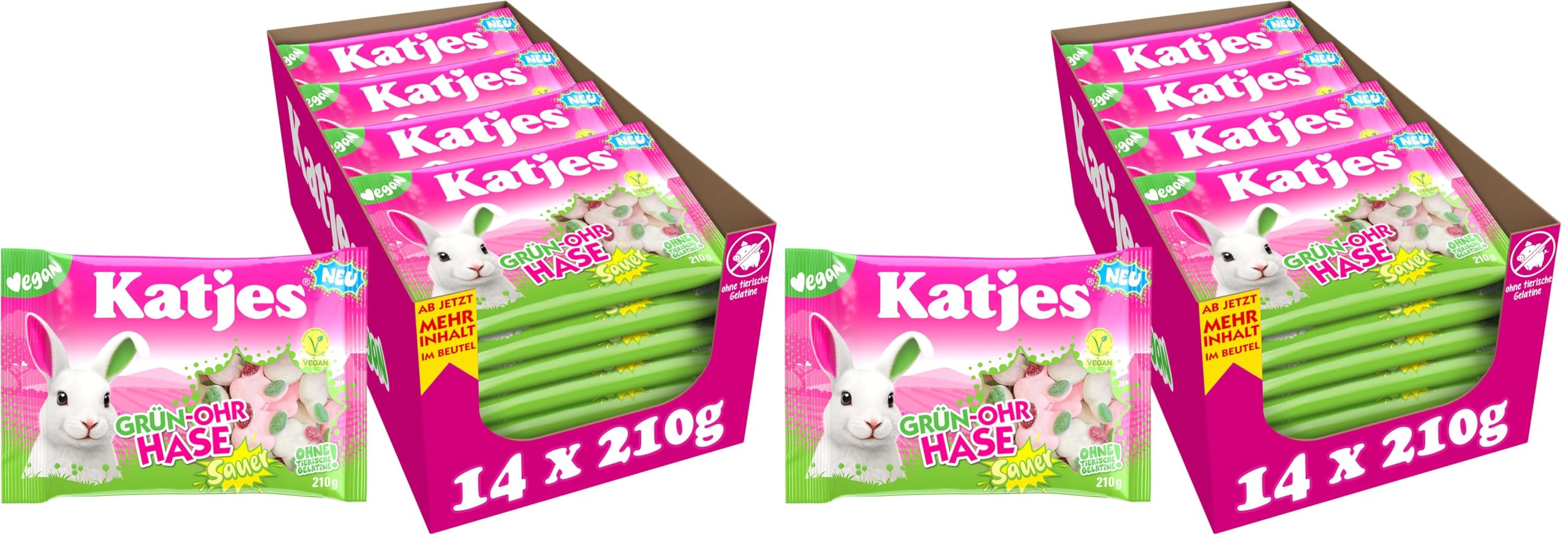 Katjes SAUER Grün-Ohr Hase Vorratspack – Schaumzucker mit Fruchtgummi in Häschen-Form, fruchtiger Mix in unterschiedlichen Geschmacksrichtungen in sauer, Vegan, Halal, 14 x 210 g (Packung mit 2)