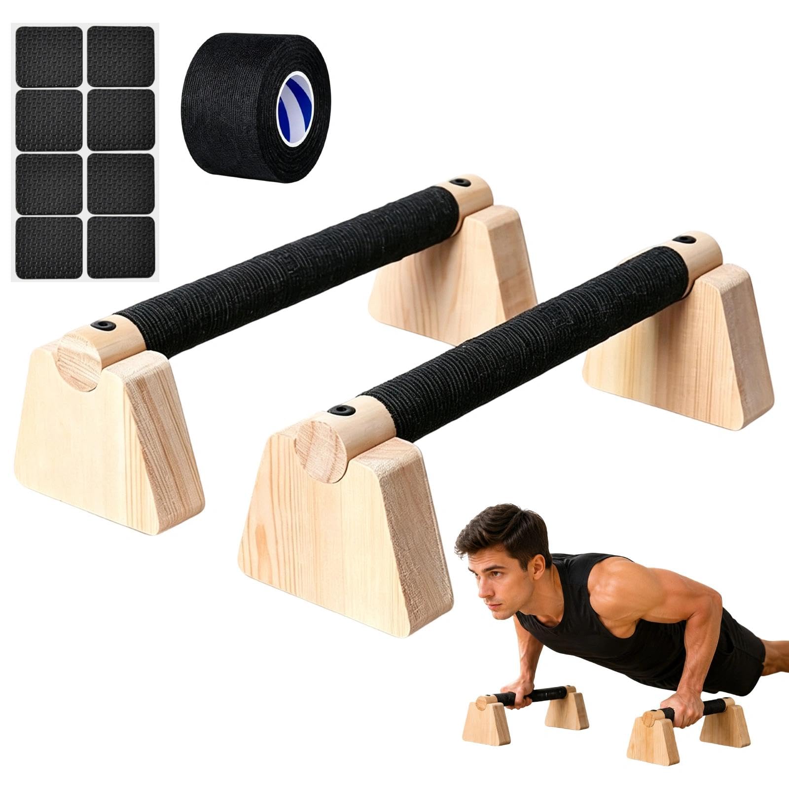 Wooden Parallettes Bars, Push Up Handles with Non Slip Cotton Wrap for Calisthenics, Handstand and Strength Training, Stable Wrist-Saving Gym Equipment(25cm)