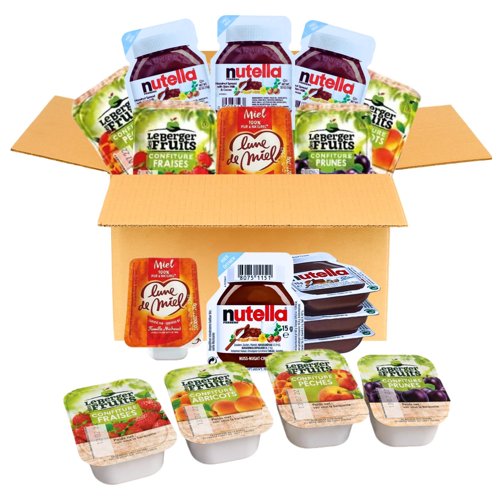 60 Barquettes LE BERGER DES FRUITS/NUT/LUNE DE MIEL | Assortiment de 12 Miel + 24 Pâtes à tartiner + 24 confitures assorties : Pêche, Fraise, Prune, Abricot en Portions Individuelles