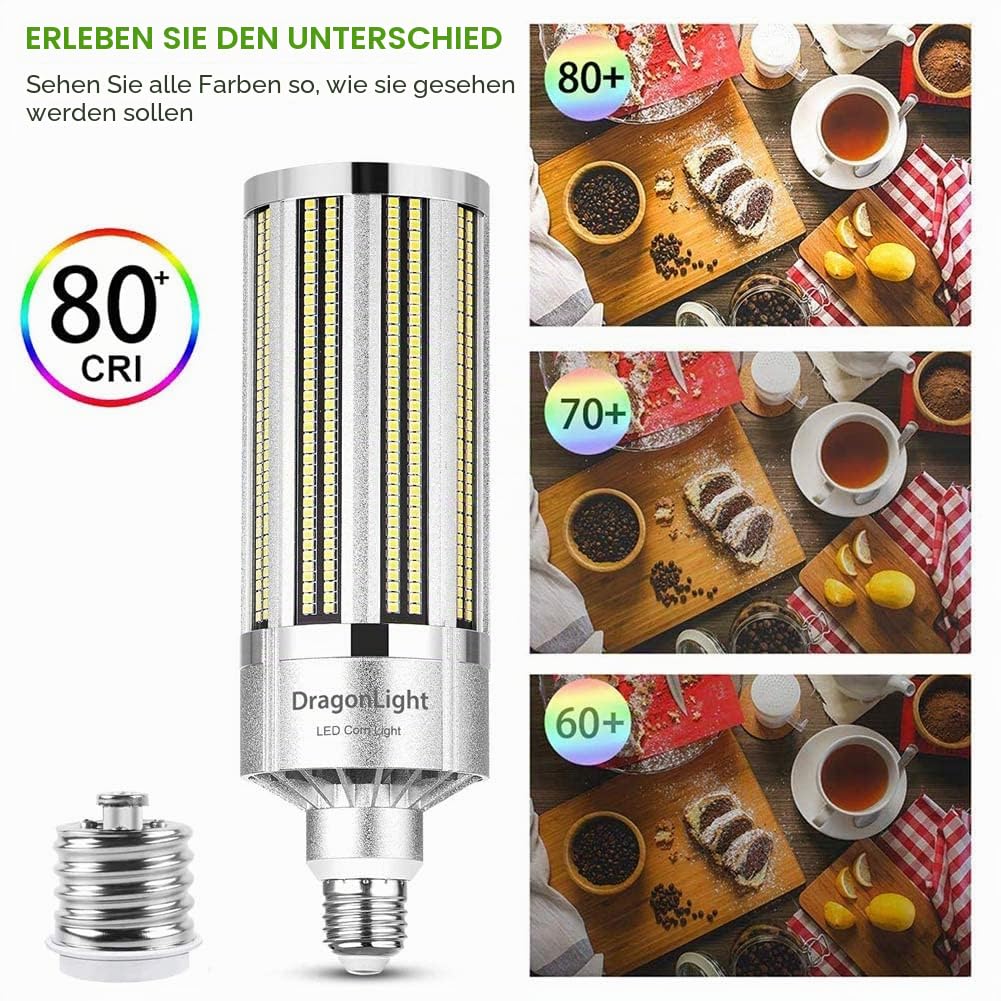 DragonLight 120W Superhell Mais Licht LED Glühbirne Lüfterlos(Ersetzt 800Watt) - E27 LED Lampe mit E40 Adapter - 5000K Kaltweiß 14,400 Lumens für Gebiet Beleuchtung - Garage Werkstatt Straßenleuchte