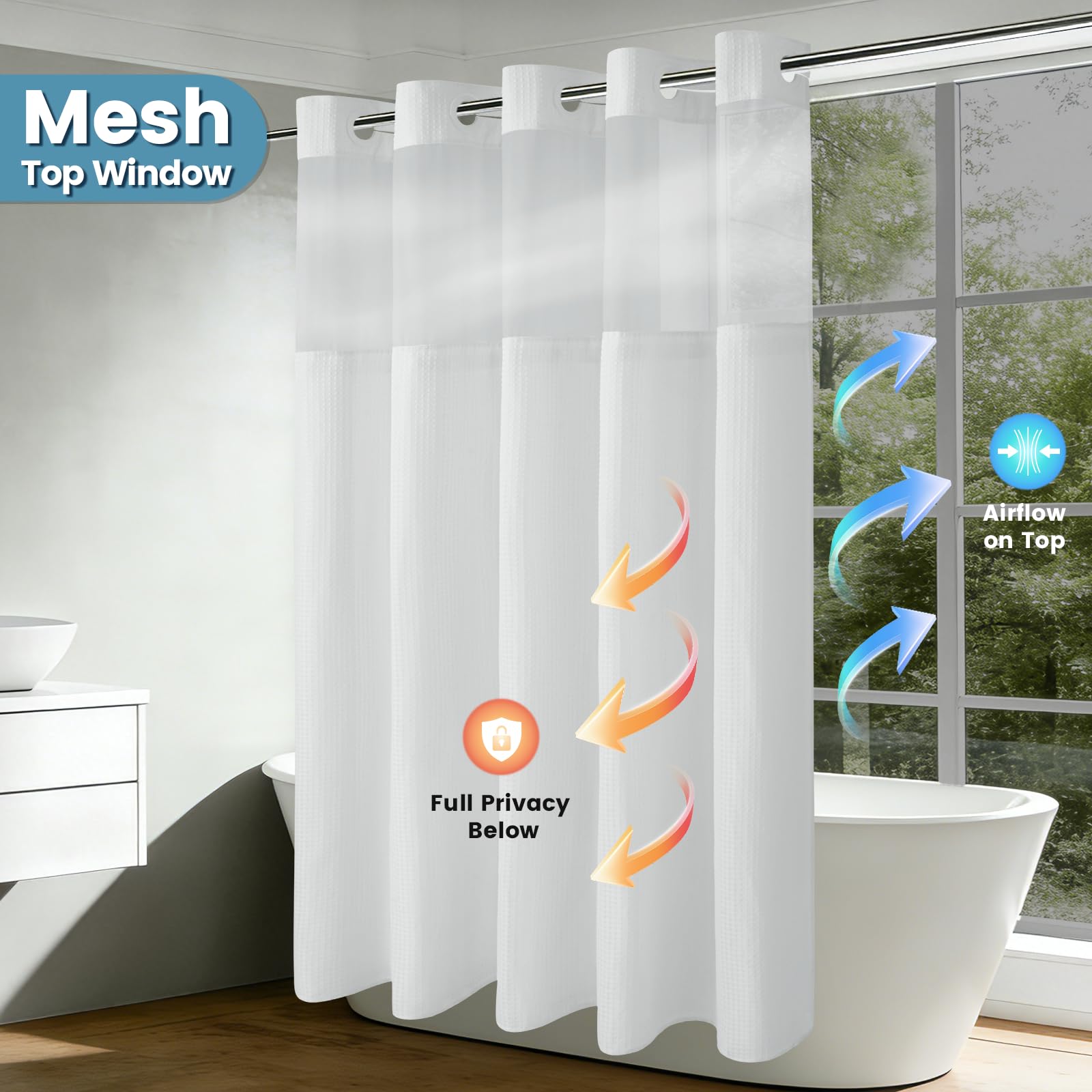 EUTXL Tenda da doccia senza gancio con fodera a scatto, 230 g/m², tessuto a nido d'ape per bagno, 91 x 188 cm, bianco
