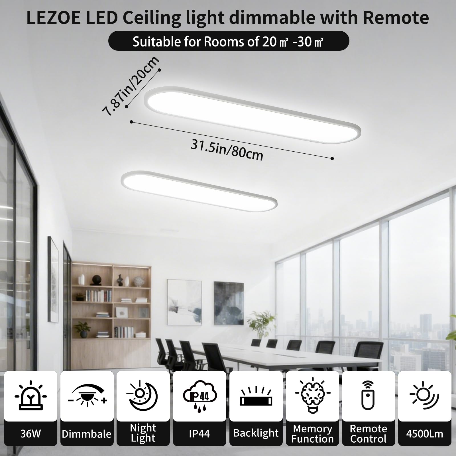 LEZOE LED Deckenlampe dimmbar mit Fernbedienung 80x20x2.9cm, 36W 4500LM 2700K-6500K Deckenleuchte Mit Speicherfunktion, Bürodeckenleuchte LED Panel für Wohnzimmer Schlafzimmer Bad Küche Heimbüro Oval