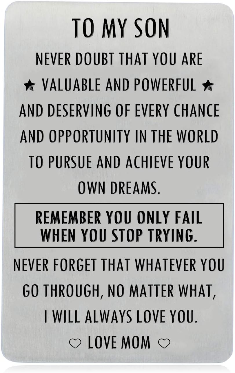 Inspirational Engraved Wallet Inserts to My Son from Mom, Gifts for Son with Motivational Quote, Wallet Insert Cards for Graduation Birthday Gift Ideas