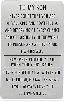 Inspirational Engraved Wallet Inserts to My Son from Mom, Gifts for Son with Motivational Quote, Wallet Insert Cards for Graduation Birthday Gift Ideas