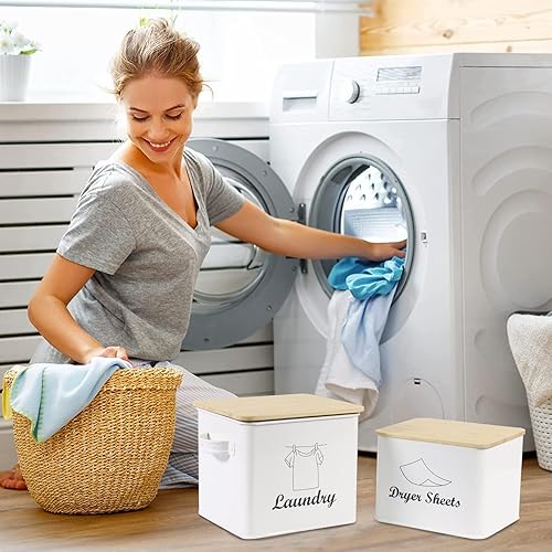 Miniatura 4 de Juego de contenedor de polvo para ropa sucia y soporte para hojas de secadora, caja de almacenamiento de detergente en polvo con cuchara, tapa y