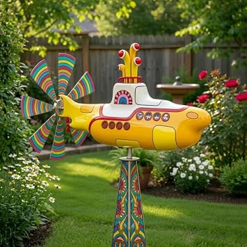 Yellow Submarine Wind Spinner, Deep Sea Submarine Wind Spinner, Heavy Duty Metal Rotating Yard Art, Rotating Submarine Yard Spinner with Spin Blades, Motion Art Wind Sculpture for Patio Decor #A
