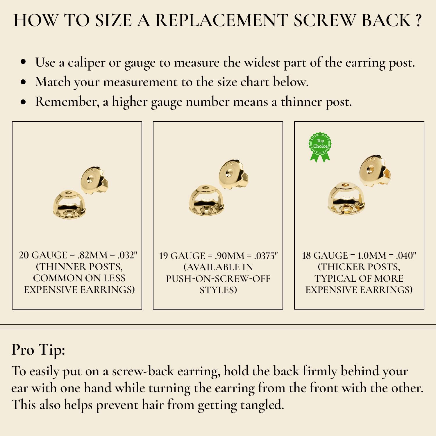 Everyday Elegance Solid 14K Yellow Gold Single Earring Back Replacement | Threaded Screw on Screw Off | Earring Back Locking 1 Piece Post Size Small .032" | with Gift Box - Image 3