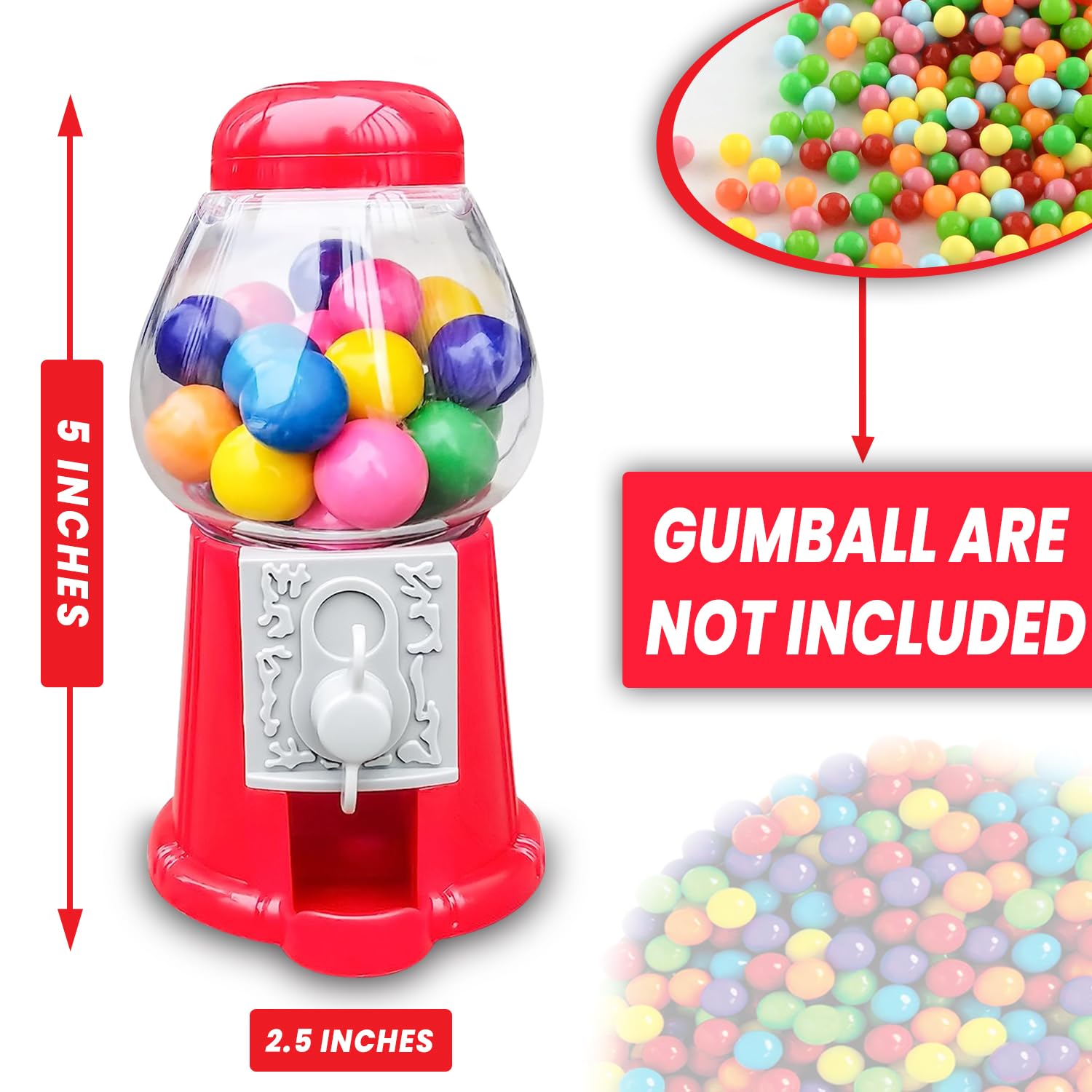 Hammont Gumball Machine - Mini 5" Plastic Bubble Gum Machine - Small Set of Red Bubblegum Vending Dispensers for Kids – Novelty Fun Birthday Party Favor Idea - Fits .5" Small Gumballs - 6 Pack (14mm)