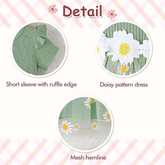 HEOXIN Babymeisjesjurk, ruches rand korte mouwen bloemen madeliefje patroon geribbeld ronde hals mesh zoom babyjurk, ruches jurken kleding meisjes, groen, 6-9 maanden