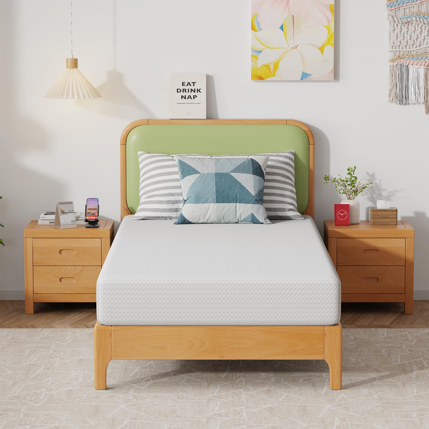 FDW 8 Inch Twin Mattress, Medium Firm Gel Memory Foam, Cooling Ventilated Foam, Pressure Relief, White, Removable Washable Cover, Bed in a Box, CertiPUR‑US Certified