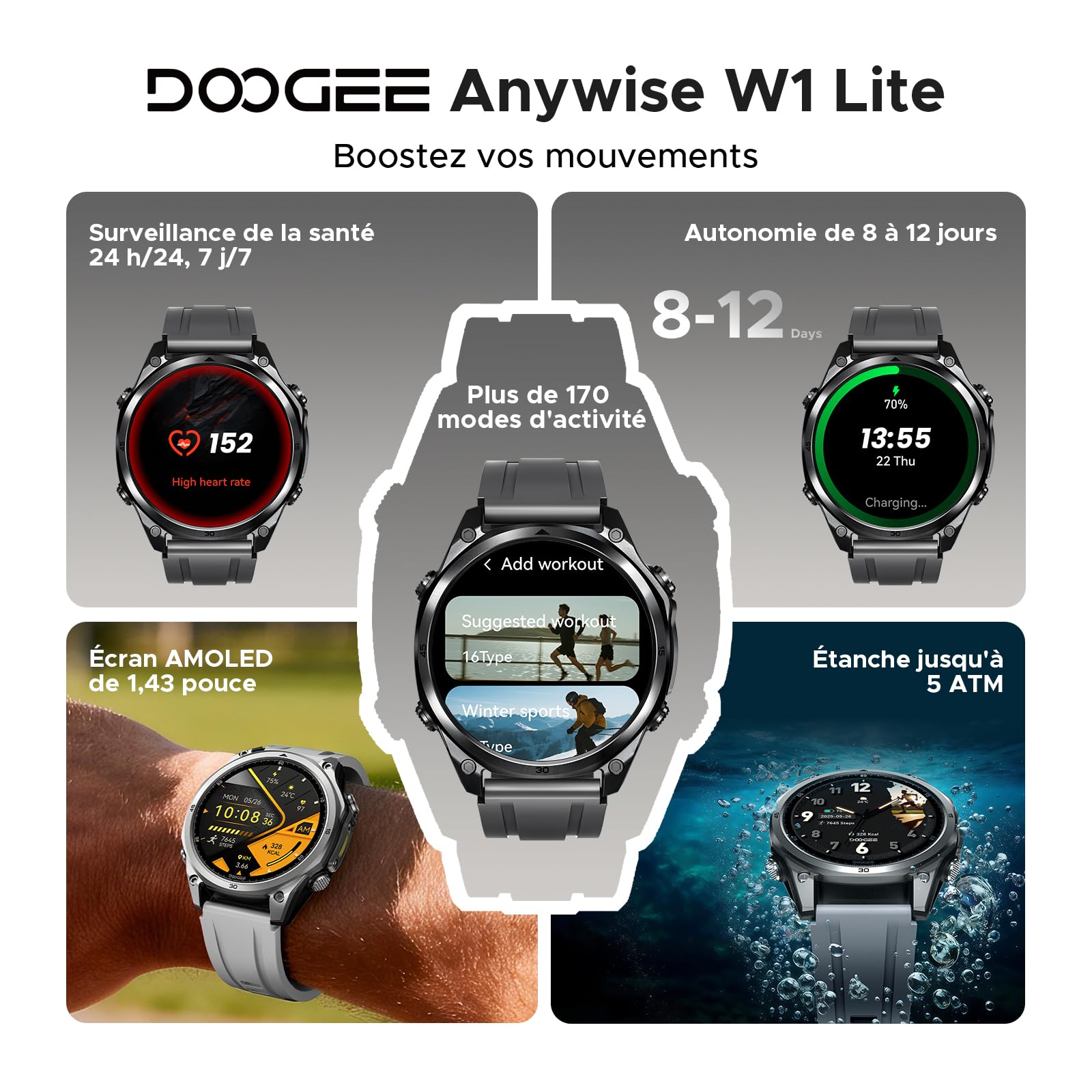 Anywise W1 Lite Montre Connectée Homme,1.43''AMOLED Smartwatch avec Appel Bluetooth, 5ATM Fitness Tracker,170+ Modes Sport,12 Jours Autonomie/Heart Rate/SpO2/Sleep Monitor