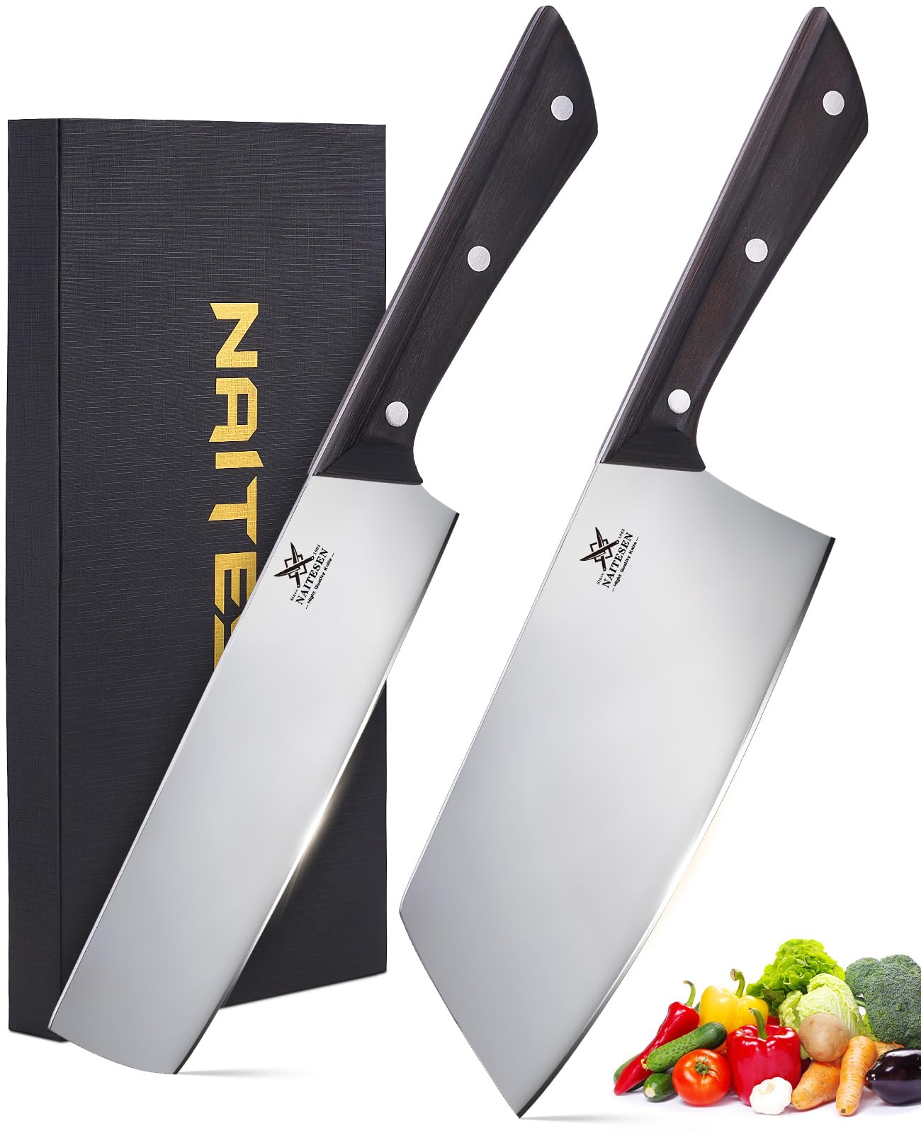 Naitesen 2PCS Cleaver Knife Set, Razor Sharp Meat Cleaver Nakiri Knife for Meat Vegetable Cutting Kitchen Cooking Gifts for Men Women